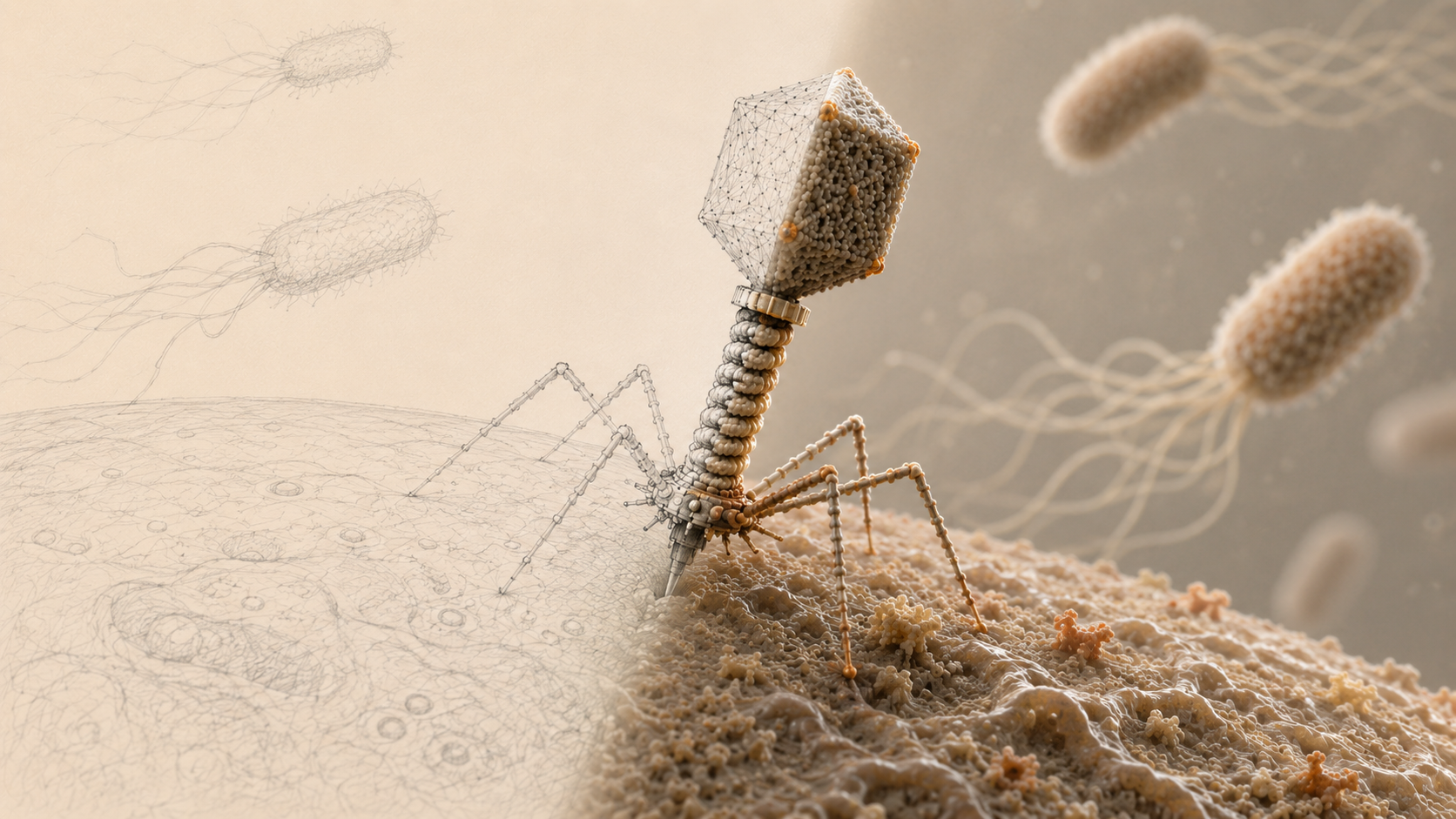 Bacteriophage rendered half in wireframe and half in sculpted detail, standing on hair-thin legs over a beige horizon — banner illustration for the Aegis biodefense post